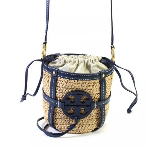 Tory Burch Handbags - Tory Burch Leather Trim Basket Weave Drawstring Bucket Bag Blue